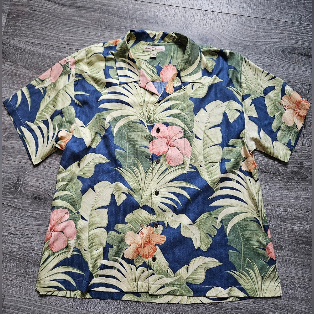 Tommy Bahama Hawaiian Blue Green Floral 100% Silk Button Down Mens Shirt XXL
